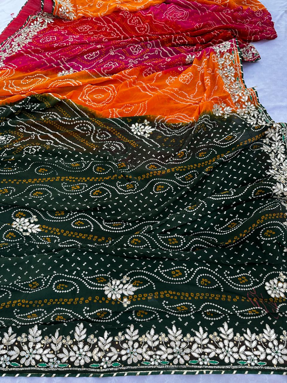 Heavy Georgette Barik Rai Bandhej Panchrangi Hand Work Chunri Best Quality Saree With Blouse BFSLB49