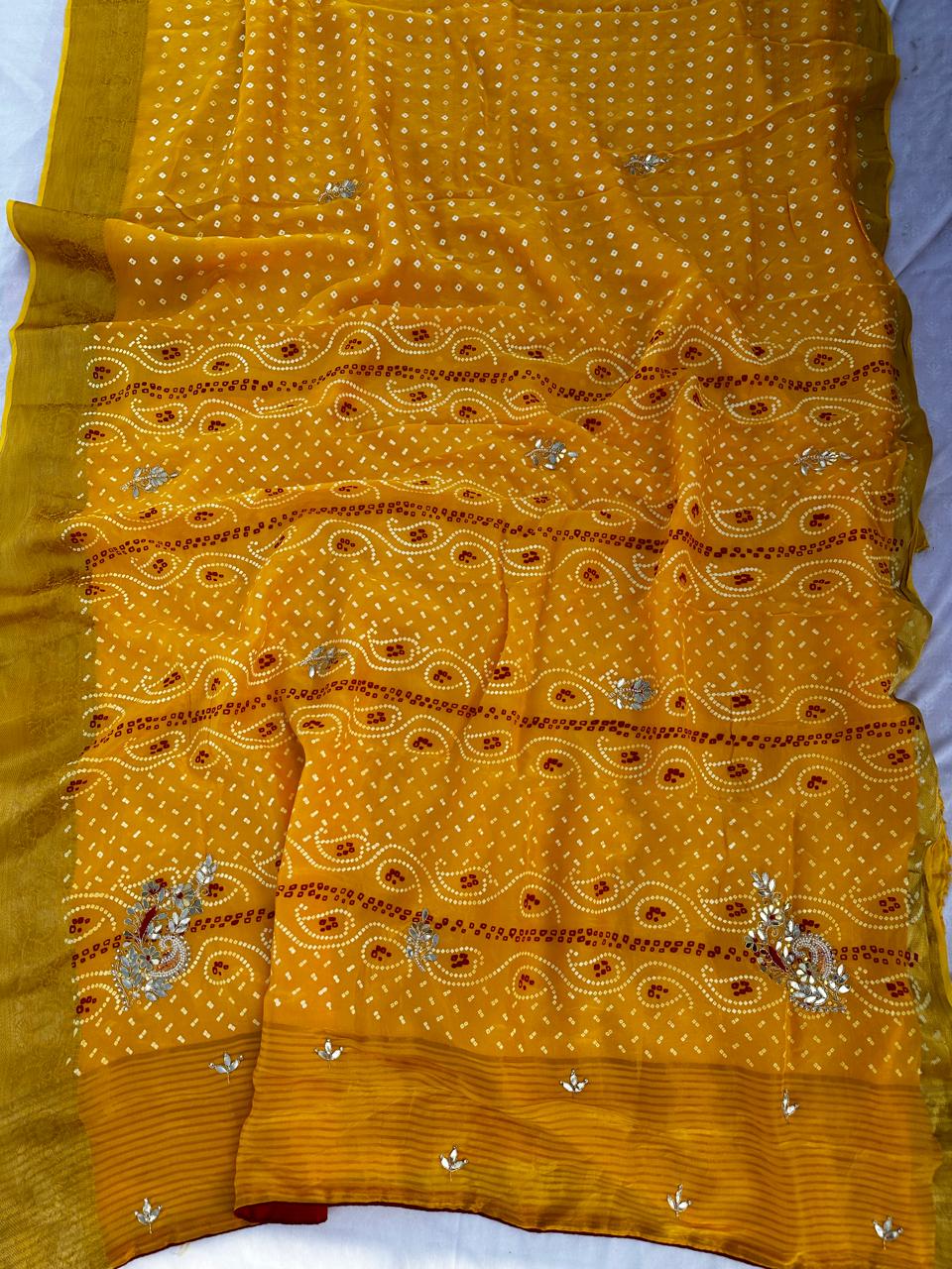 Pure HO Silk Rai Bandej Chunri With Dabka & Gotta Patti Work Saree With Blouse BFSLB51