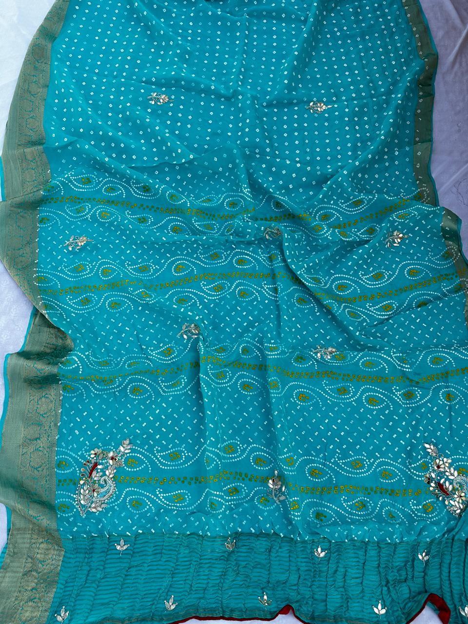 Pure HO Silk Rai Bandej Chunri With Dabka & Gotta Patti Work Saree With Blouse BFSLB52