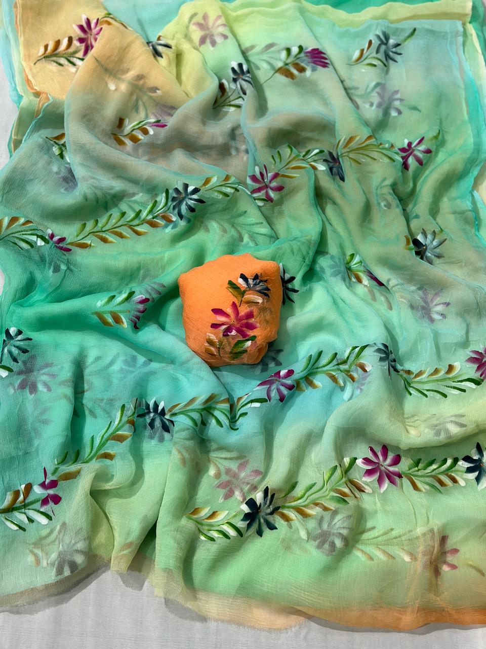 Pure Chiffon  Hand Brush Paint Best Quality Saree With Blouse BFSMJ122