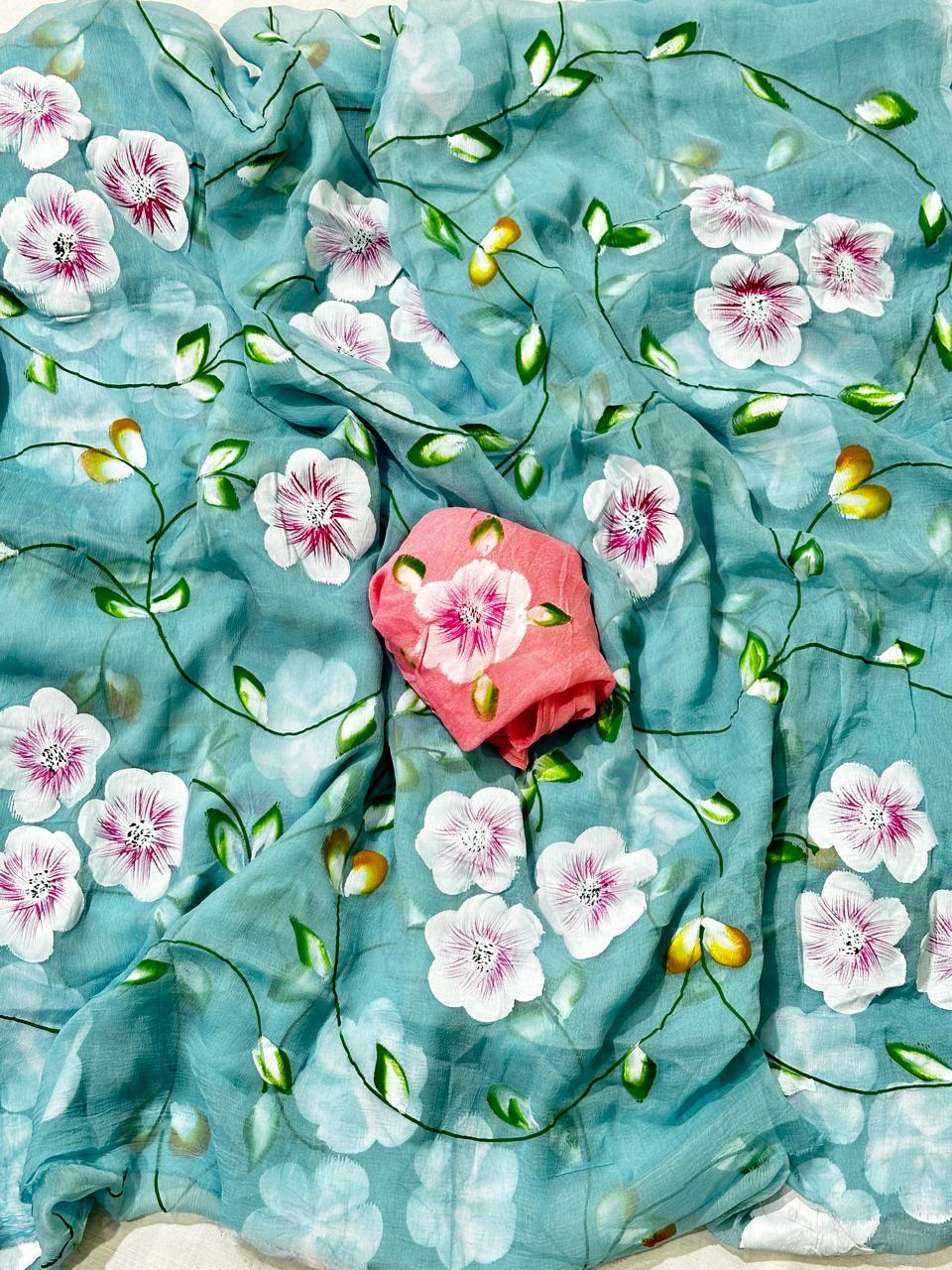 Pure Chiffon Hand Brush Paint Best Quality Saree With Blouse BFSMJ121