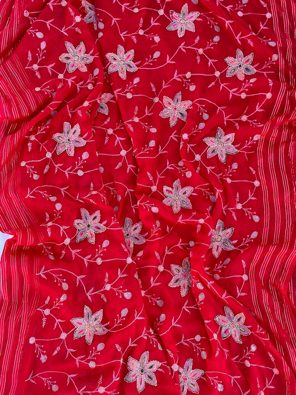 Pure Chiffon Hand Jaal Work Best Quality Saree With Blouse BFSMJ101