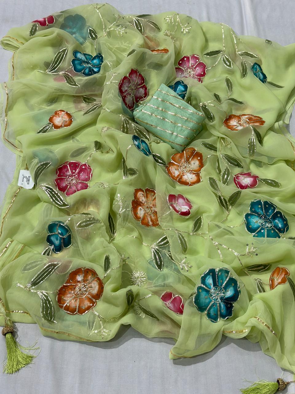 Chiffon Brush Painted, Gotta Patti Work Best Quality Saree With Blouse BFSMJ113