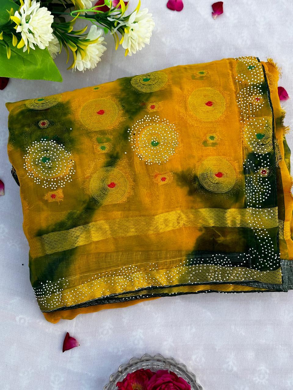 Chiffon Multi Dye Sroski Work Best Quality Saree With Blouse BFSLB29