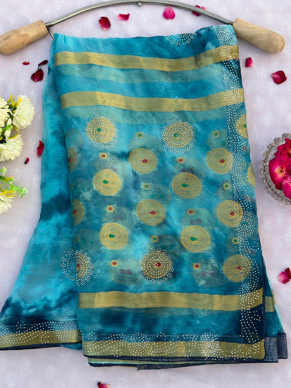 Chiffon Multi Dye Srioski Work Best Quality Saree With Blouse BFSLB30