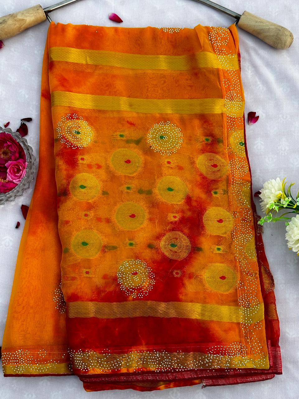 Chiffon Multi Dye Siroski Work Best Quality Saree With Blouse BFSLB31