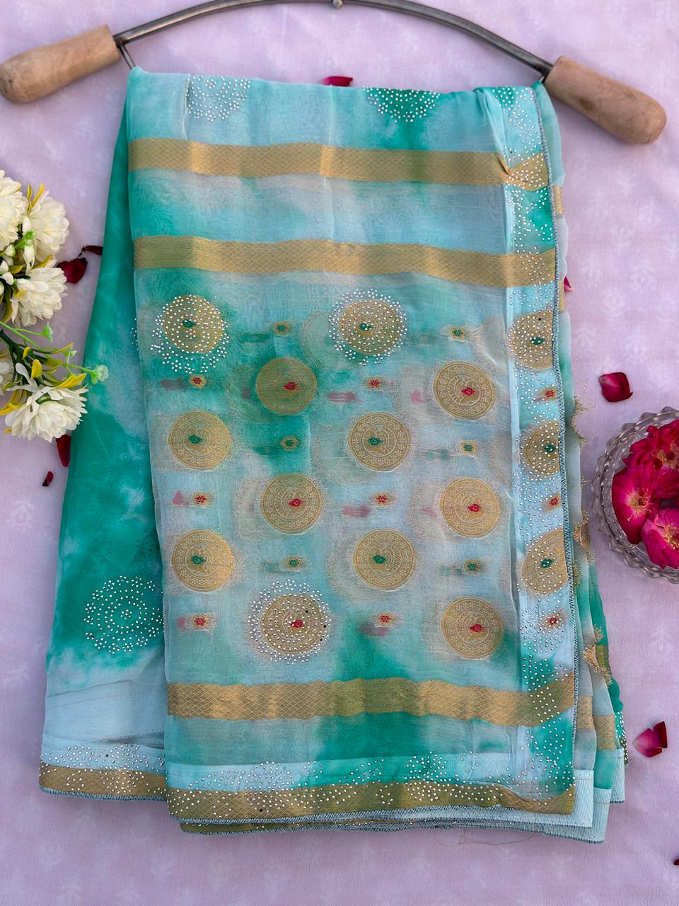 Chiffon Multi Dye Siroski Work Best Quality Saree With Blouse BFSLB32