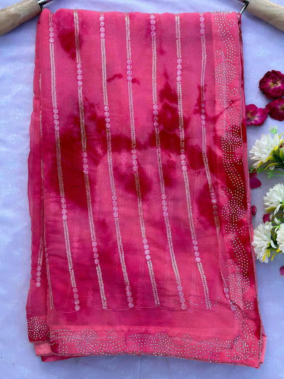 Chiffon Tie Die Sequence Work Best Quality Saree With Blouse BFSLB44