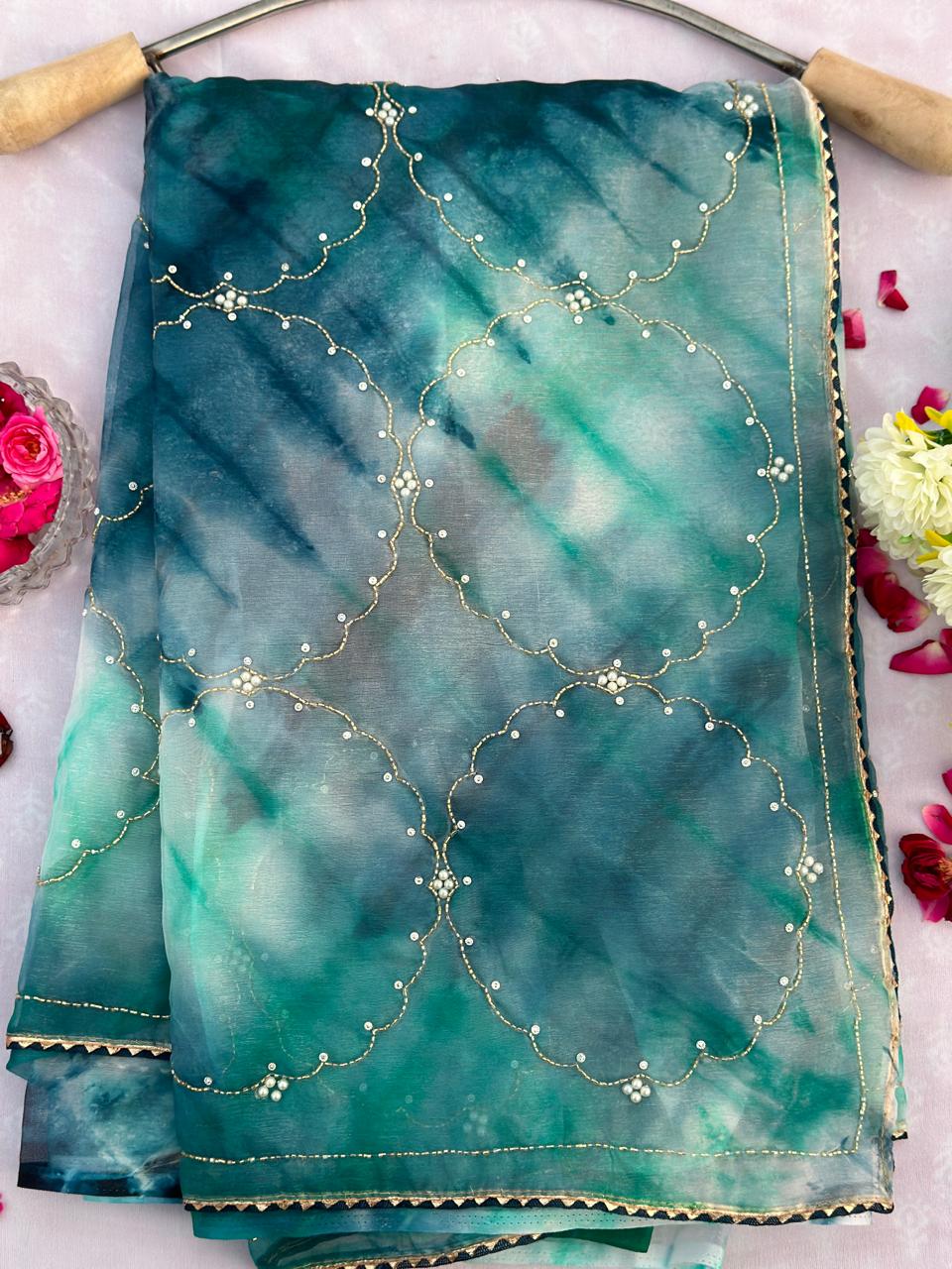 Tie Die Organza Hand Work Best Quality Saree With Blouse BFSLB45