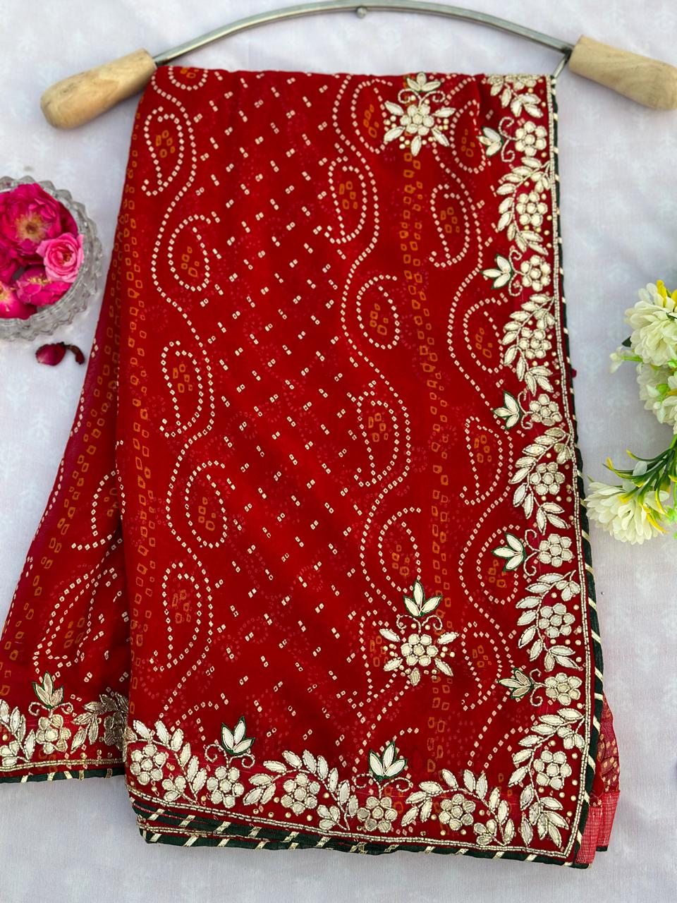 Heavy Georgette Barik Rai Bandhej Hand Work Chunri Best Quality Saree With Blouse BFSLB48