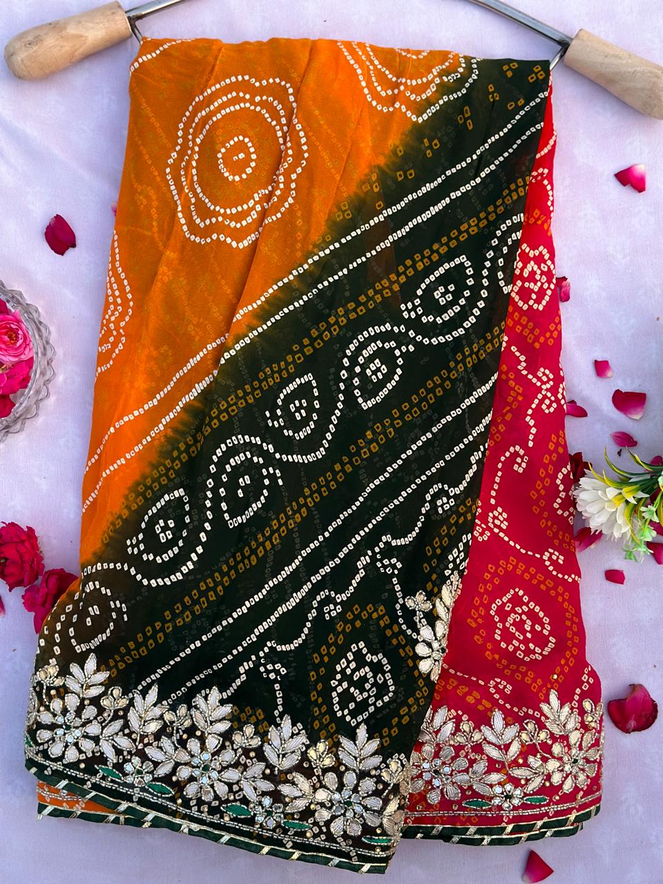 Heavy Georgette Barik Rai Bandhej Panchrangi Hand Work Chunri Best Quality Saree With Blouse BFSLB49