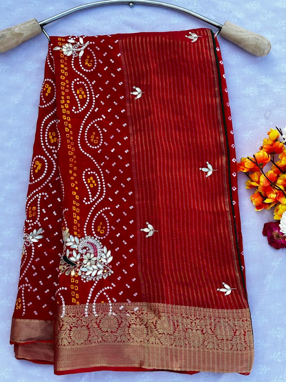 Pure HO Silk Bandhani With Dabka & Gotta Patti Work Best Quality Saree With Blouse BFSLB50