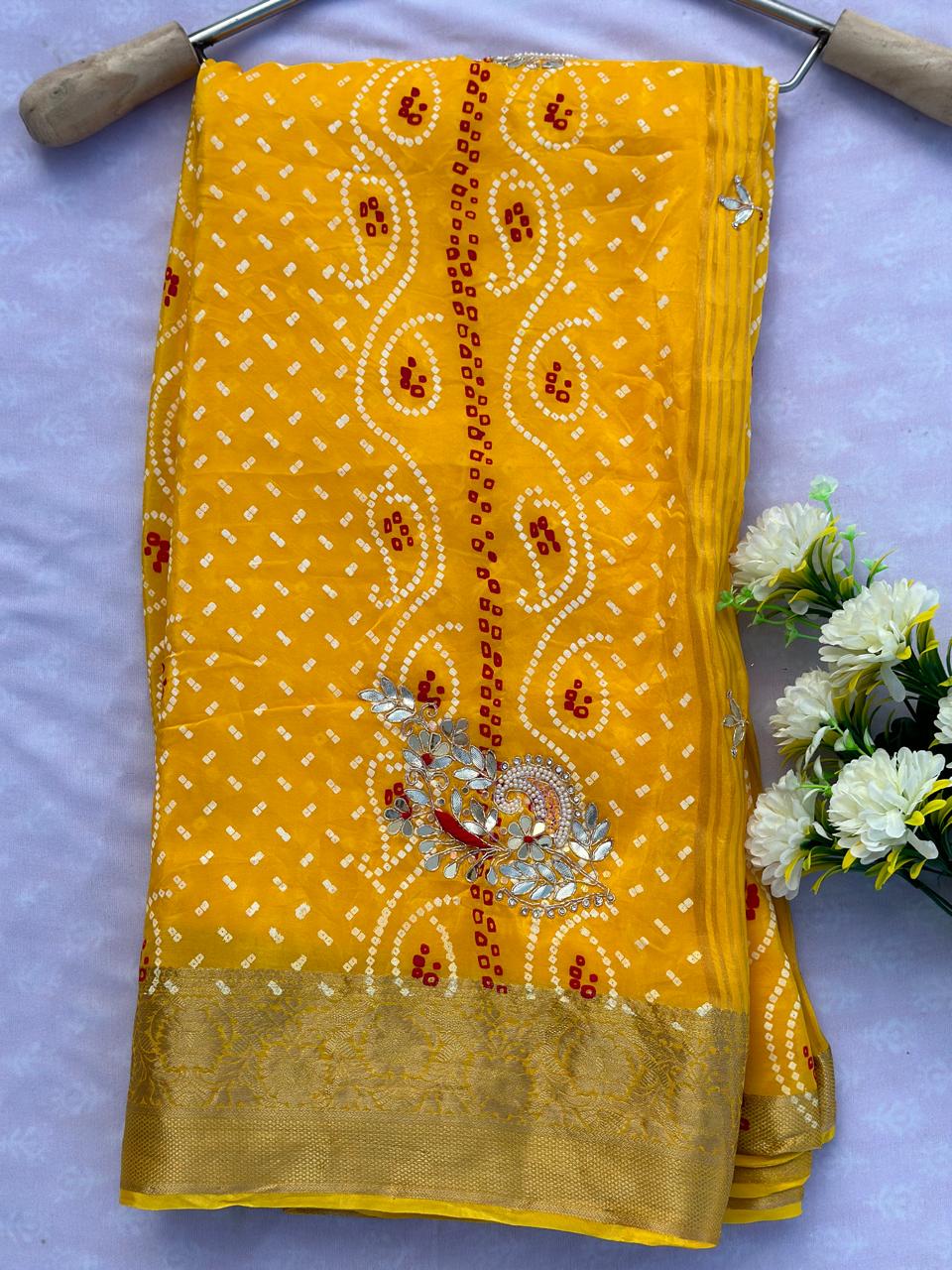 Pure HO Silk Rai Bandej Chunri With Dabka & Gotta Patti Work Saree With Blouse BFSLB51