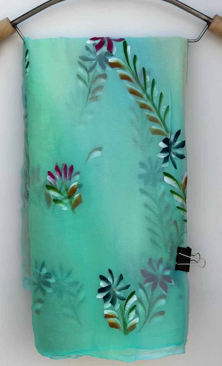 Pure Chiffon  Hand Brush Paint Best Quality Saree With Blouse BFSMJ122