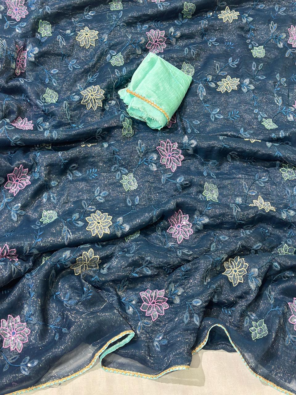 Pure shimmer Chiffon Jaal Work Best Quality Saree With Blouse BFSMJ114