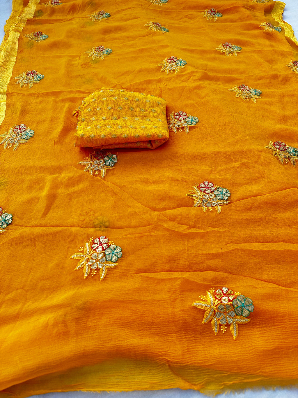 Pure Chiffon Hand Flower Embroidered Best Quality Saree With Blouse BFSJJ206