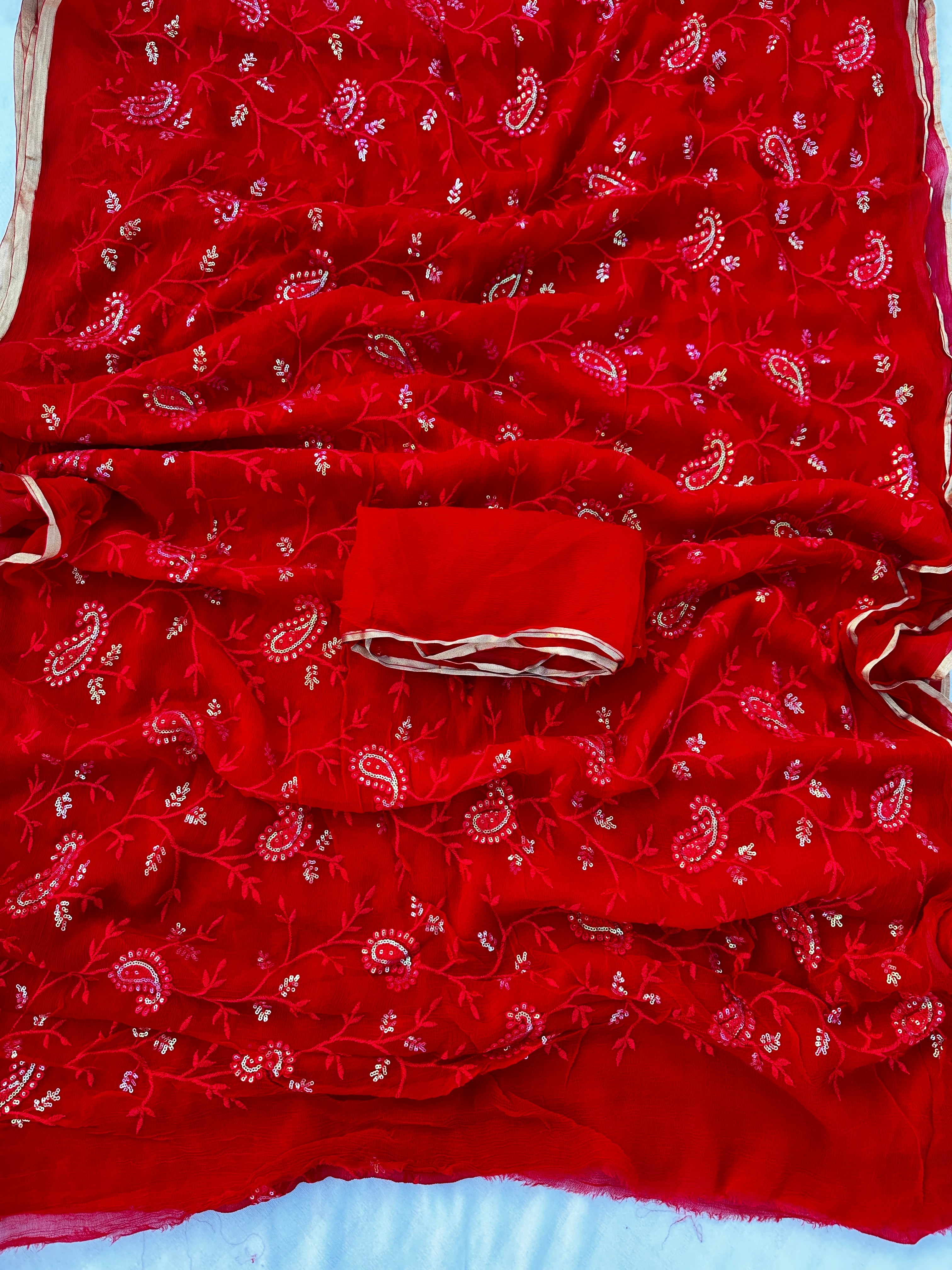 Pure Chiffon Embroidered Jaal Work Best Quality Saree With Blouse BFSJJ201