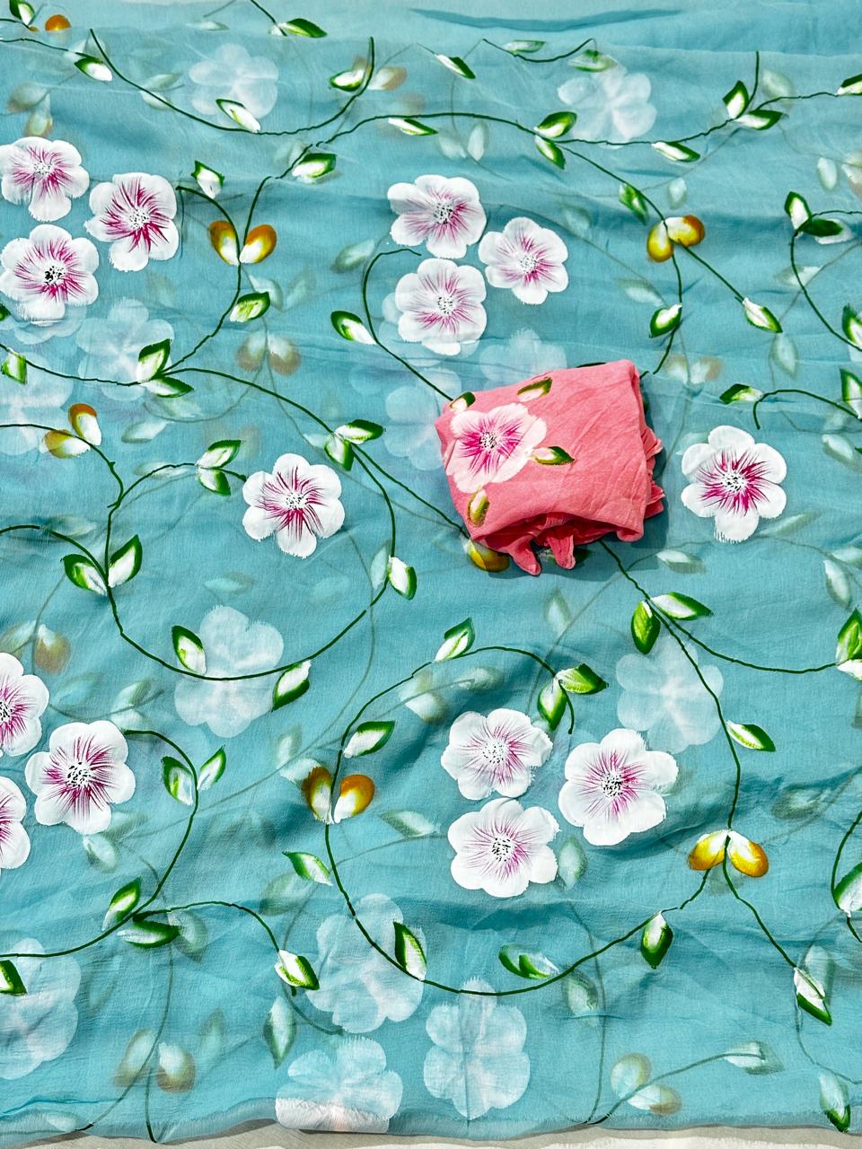 Pure Chiffon Hand Brush Paint Best Quality Saree With Blouse BFSMJ121