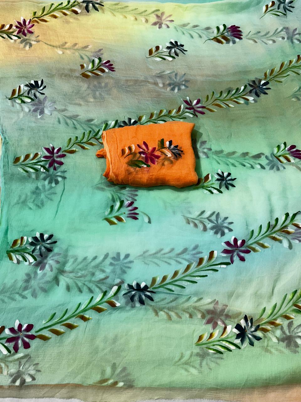 Pure Chiffon  Hand Brush Paint Best Quality Saree With Blouse BFSMJ122