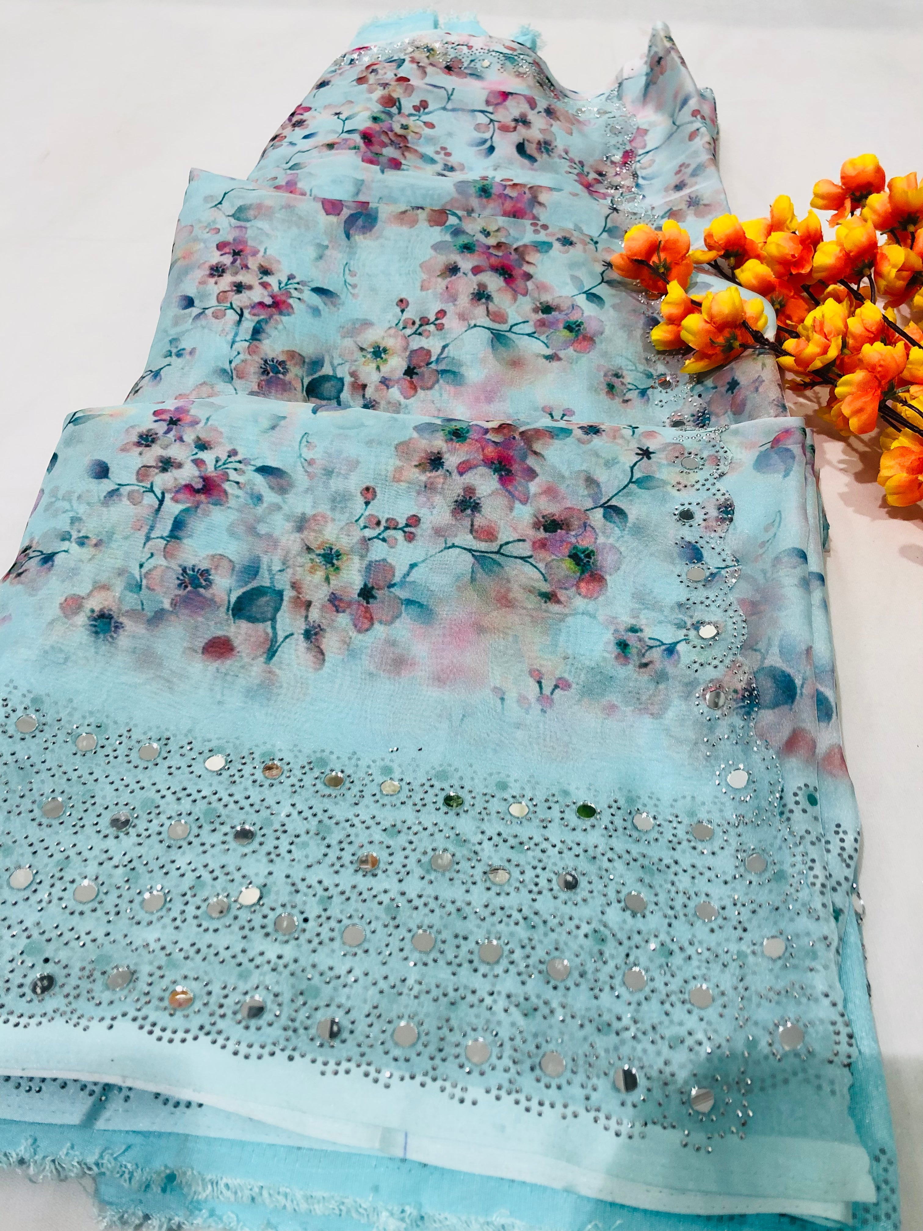 Mirror Work Digital Print Saree On Soft Tissue Fabric - BFSLA42