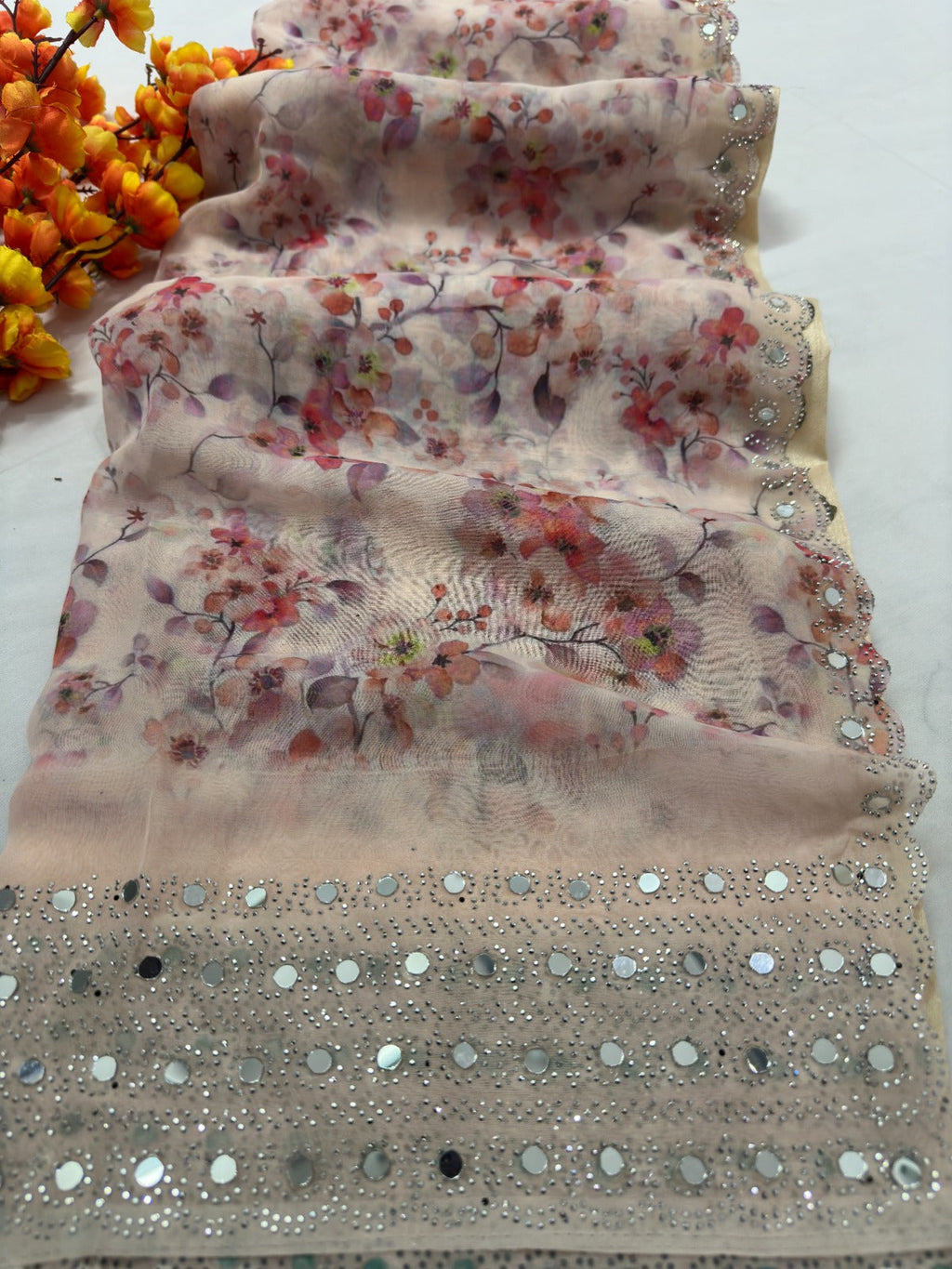 Mirror Work Digital Print Saree On Soft Tissue Fabric - BFSLA43