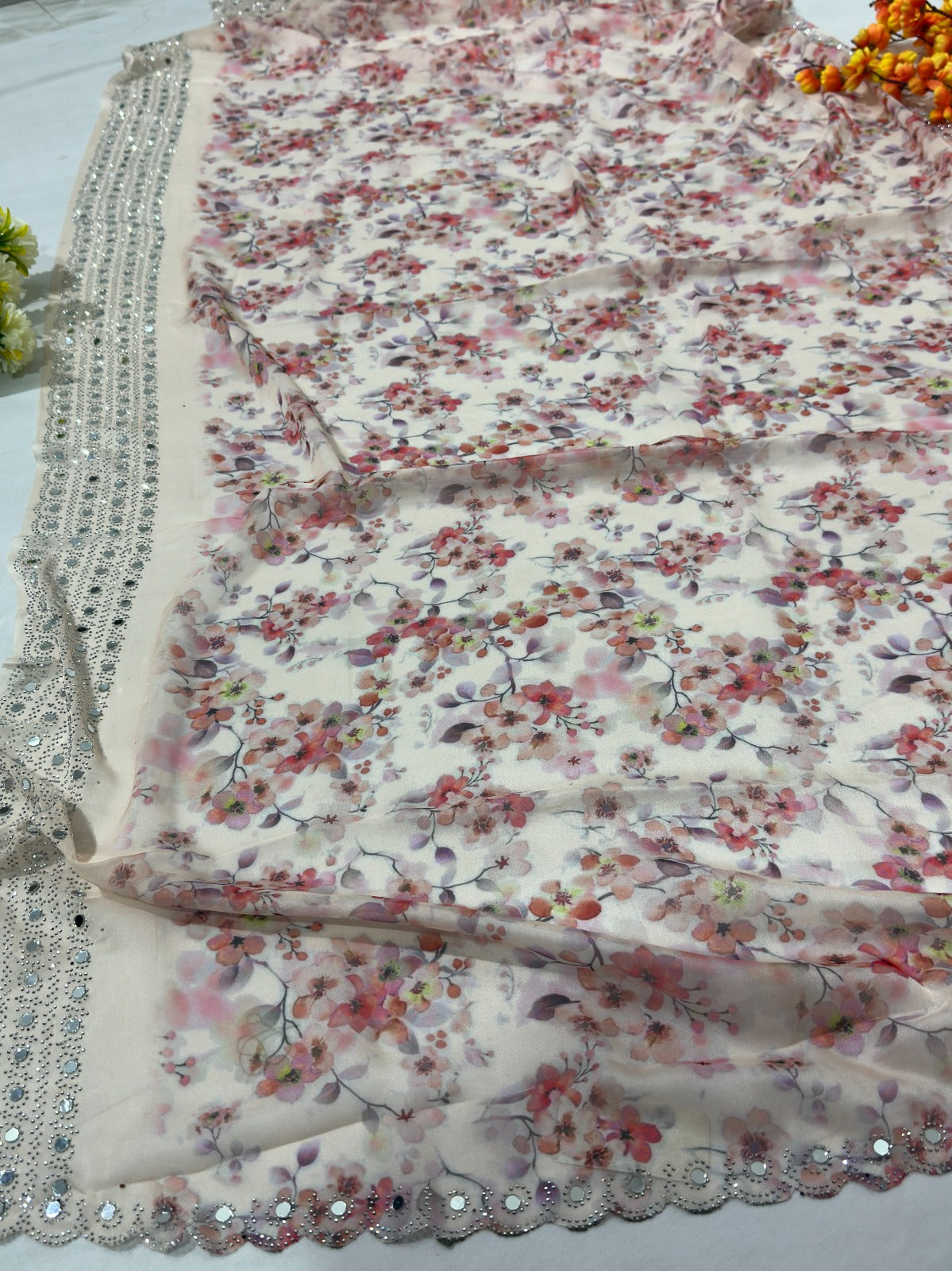 Mirror Work Digital Print Saree On Soft Tissue Fabric - BFSLA43