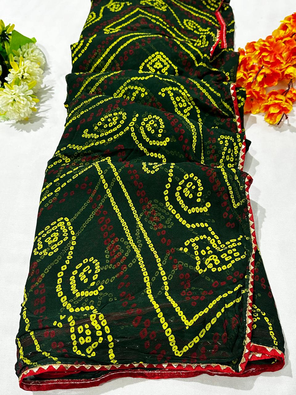 Semi Georgette Rai Bandej Best Quality Saree With Blouse  - BFSLB10