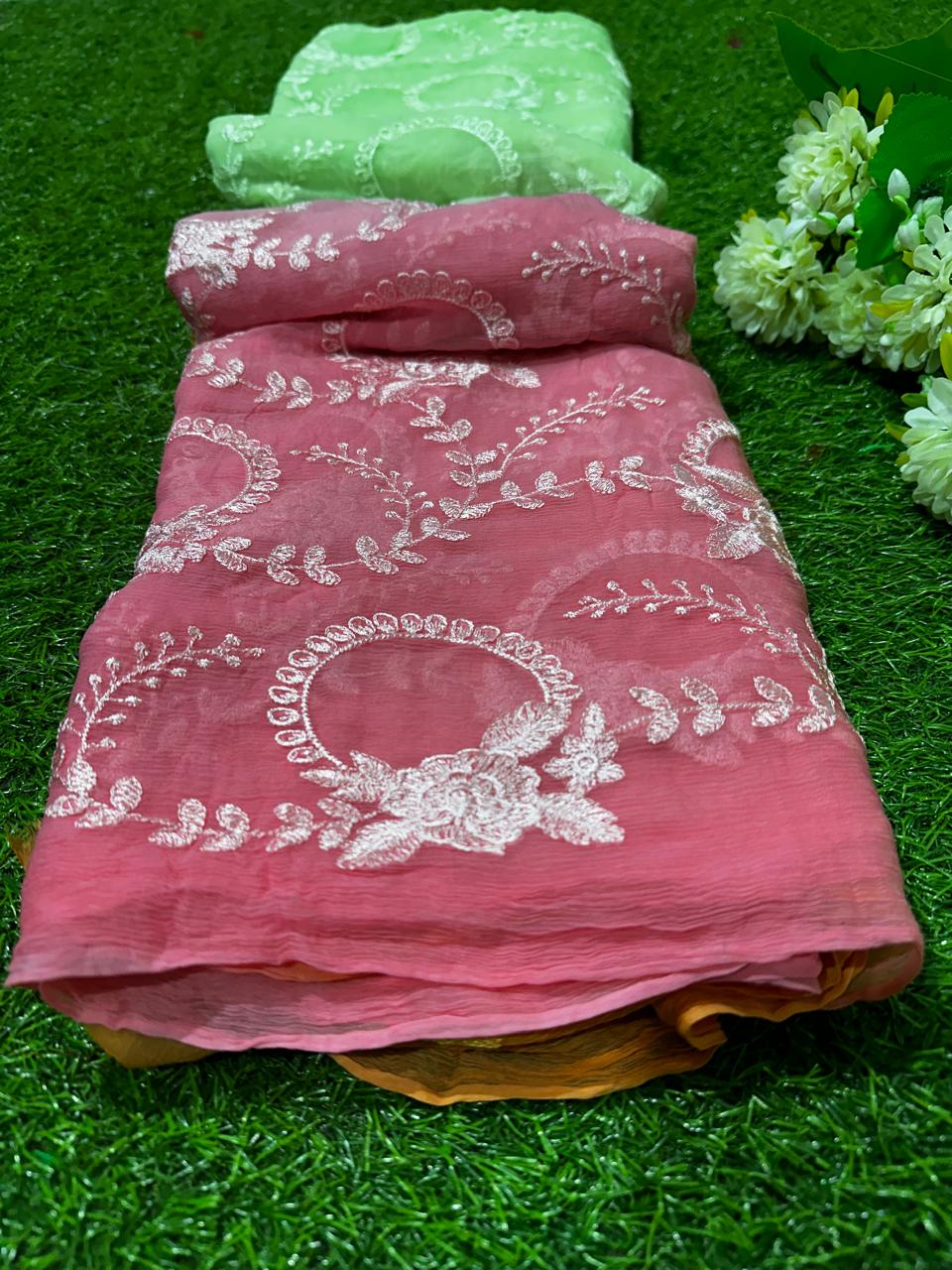 Pure Chiffon Embrodary Jaal Work Best Quality Saree With Blouse BFSLA14