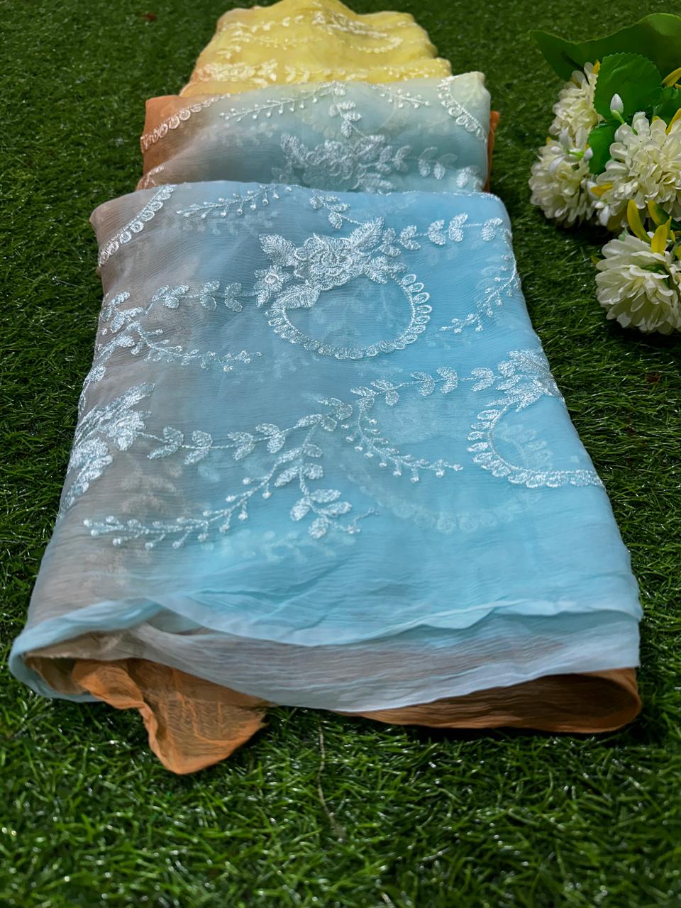 Pure Chiffon Embrodary Jaal Work Best Quality Saree With Blouse - BFSLB15