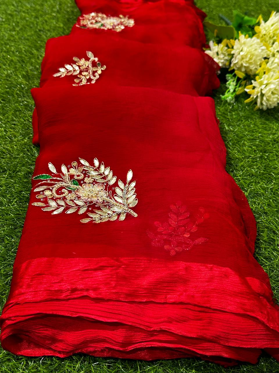 Pure Chiffon Dabka And Jardoji Work Best Quality Saree With Blouse  - BFSLB17