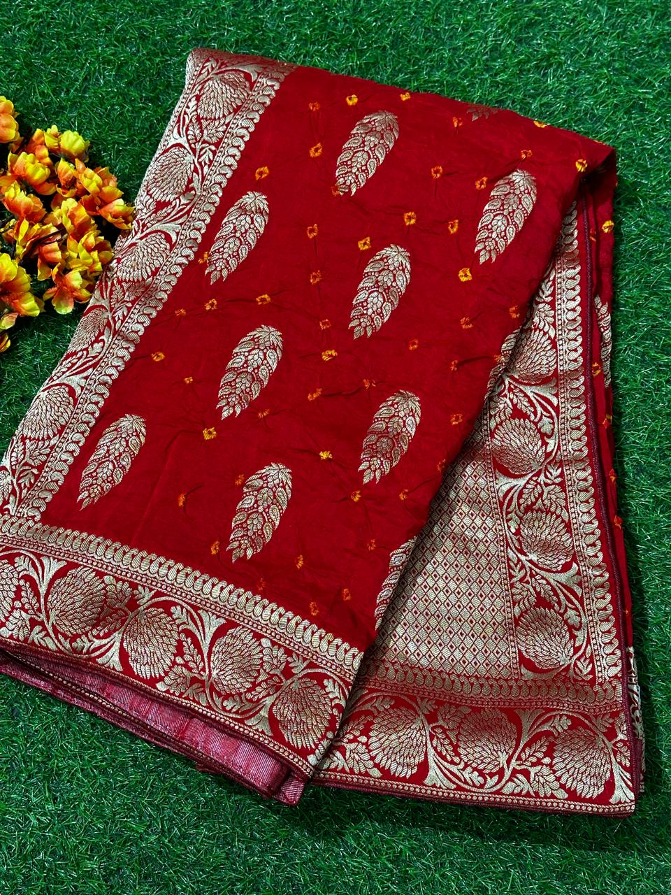 Pure Dolla Silk Bandej Treditional Banarasi Best Quality Saree With Blouse BFSLB1