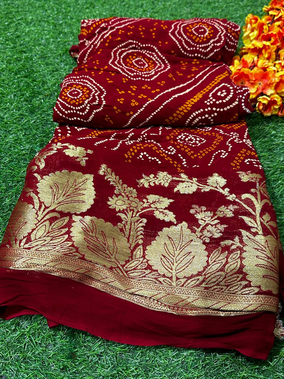 Pure Georgette Banarasi Rai Bandej Best Quality Saree With Blouse  - BFSLB2