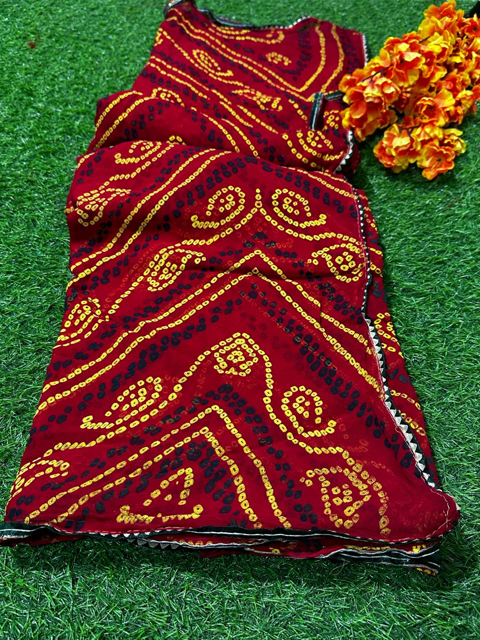 Semi Georgette Rai Bandej Best Quality Saree With Blouse  - BFSLB6