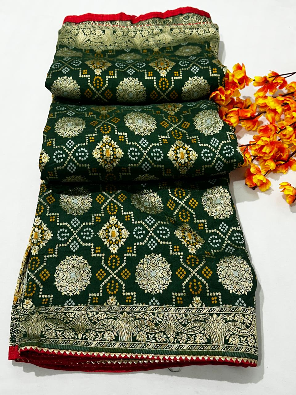 Pure Dolla Silk Jaipuri Rai Bandej Best Quality Saree With Blouse  - BFSLB8