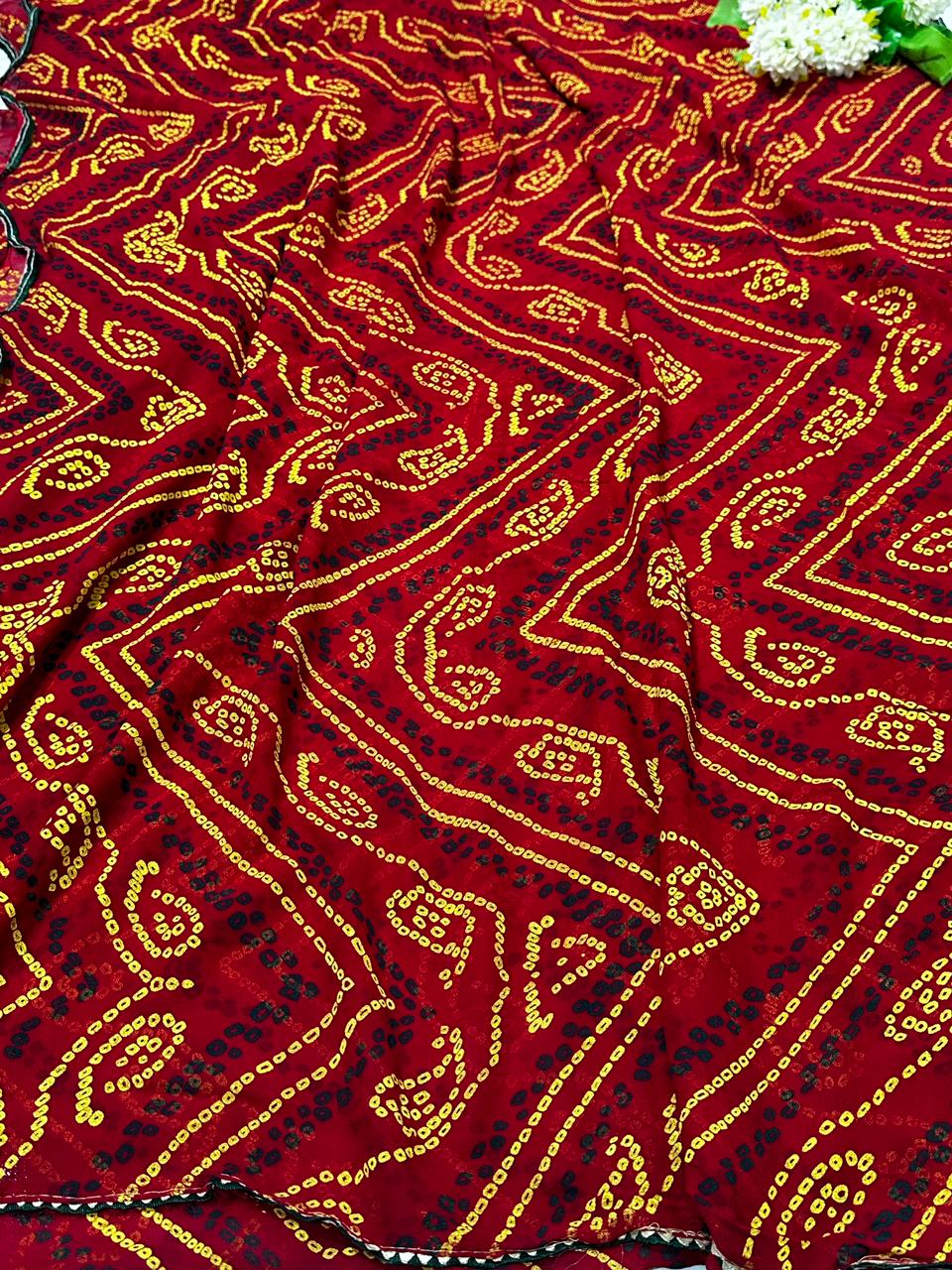 Semi Georgette Rai Bandej Best Quality Saree With Blouse  - BFSLB6