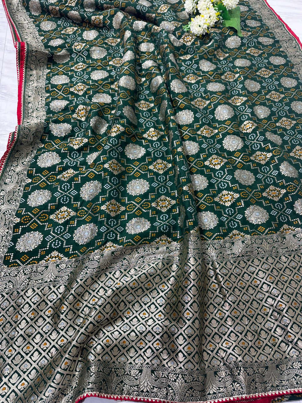 Pure Dolla Silk Jaipuri Rai Bandej Best Quality Saree With Blouse  - BFSLB8