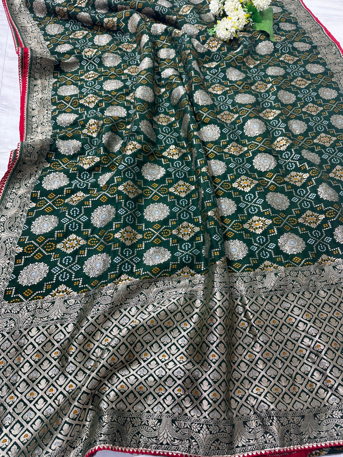 Pure Dolla Silk Jaipuri Rai Bandej Best Quality Saree With Blouse  - BFSLB8