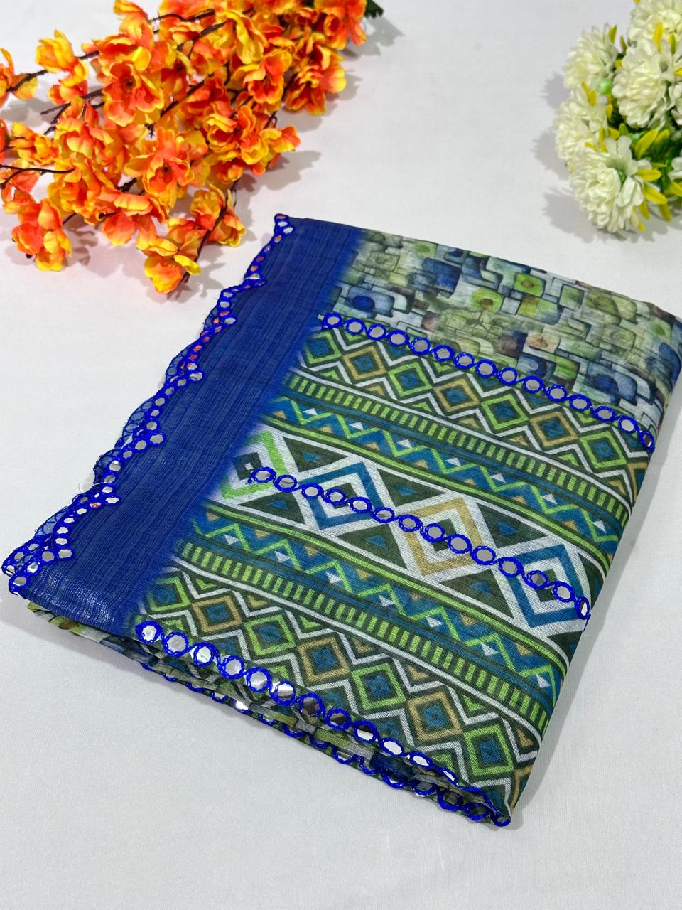 Linen Cotton Plastic Mirror Work Saree - BFSLA20