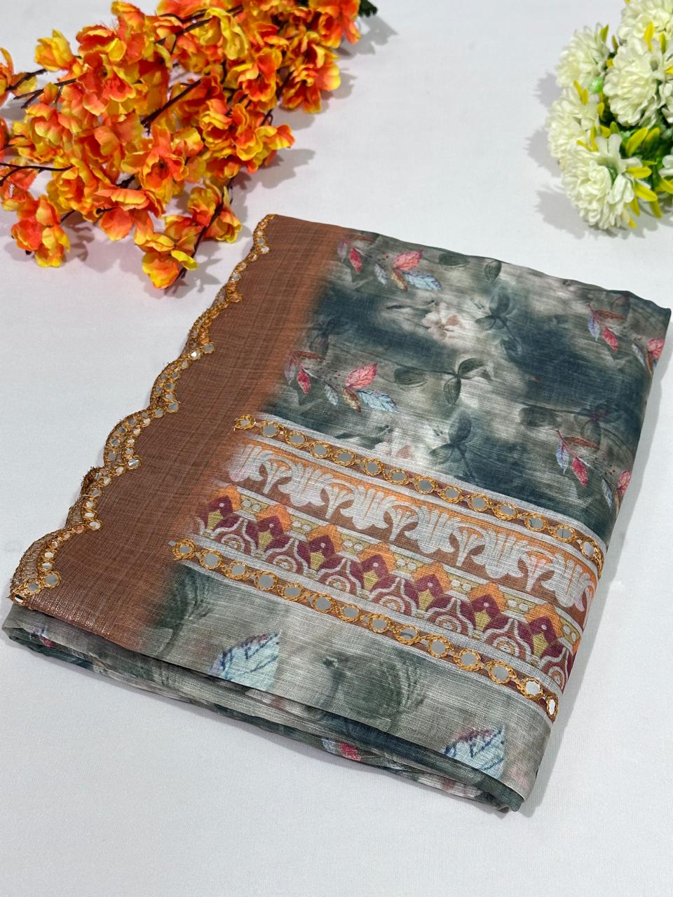 Linen Cotton Plastic Mirror Work Saree - BFSLA21