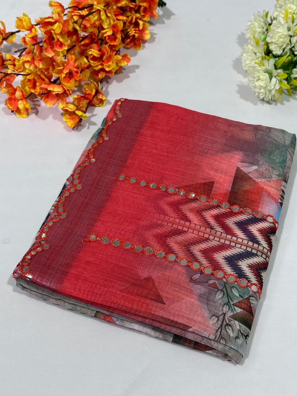 Linen Cotton Plastic Mirror Work Saree - BFSLA22