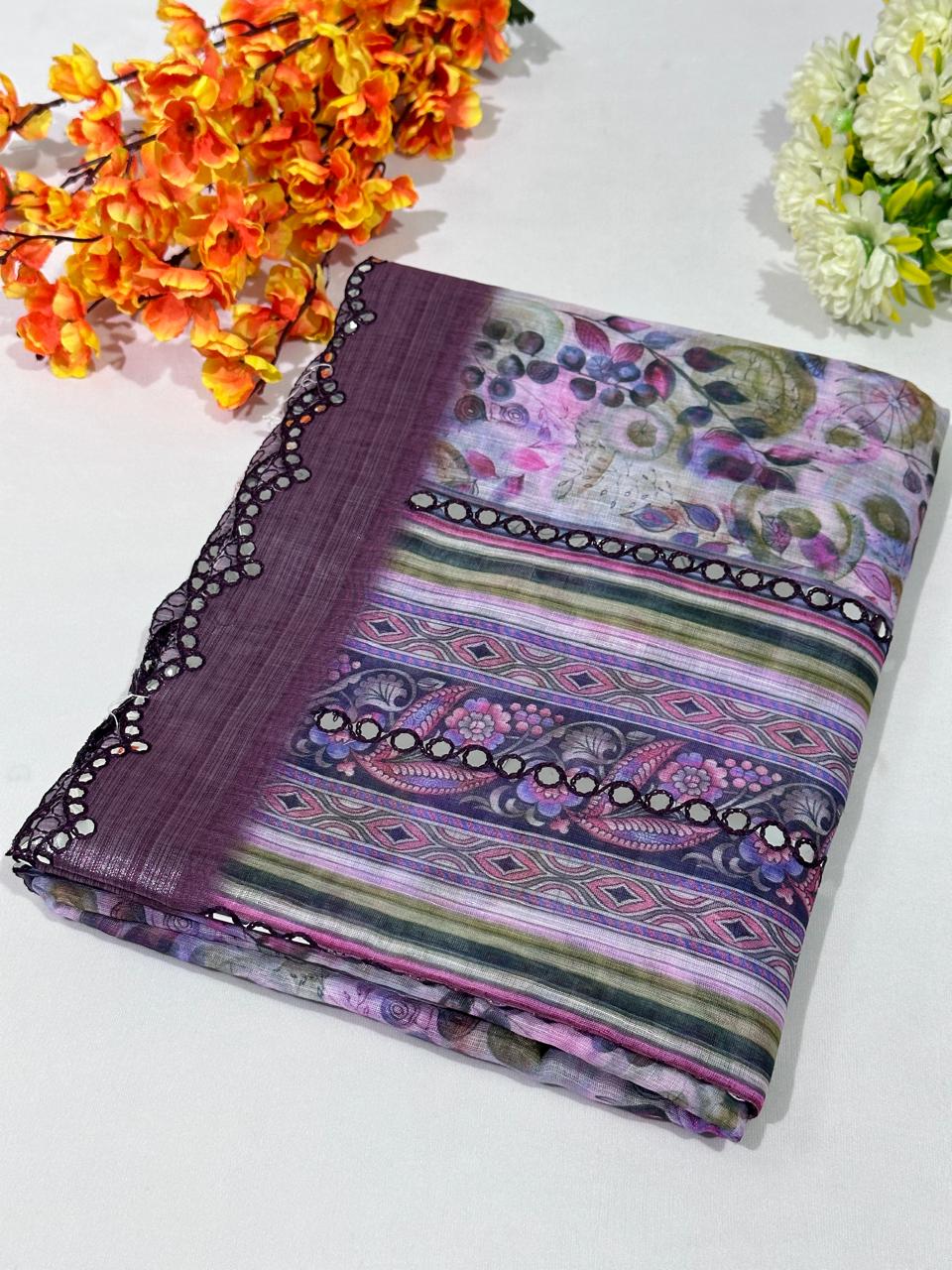 Linen Cotton Plastic Mirror Work Saree - BFSLA23