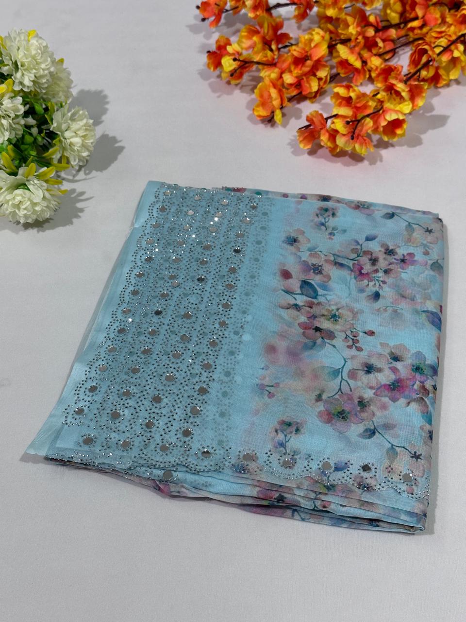 Mirror Work Digital Print Saree On Soft Tissue Fabric - BFSLA42