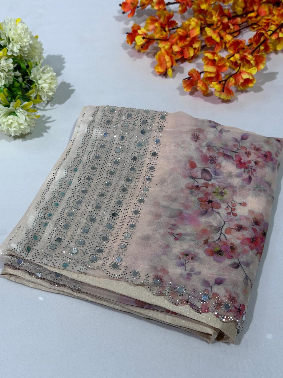 Mirror Work Digital Print Saree On Soft Tissue Fabric - BFSLA43