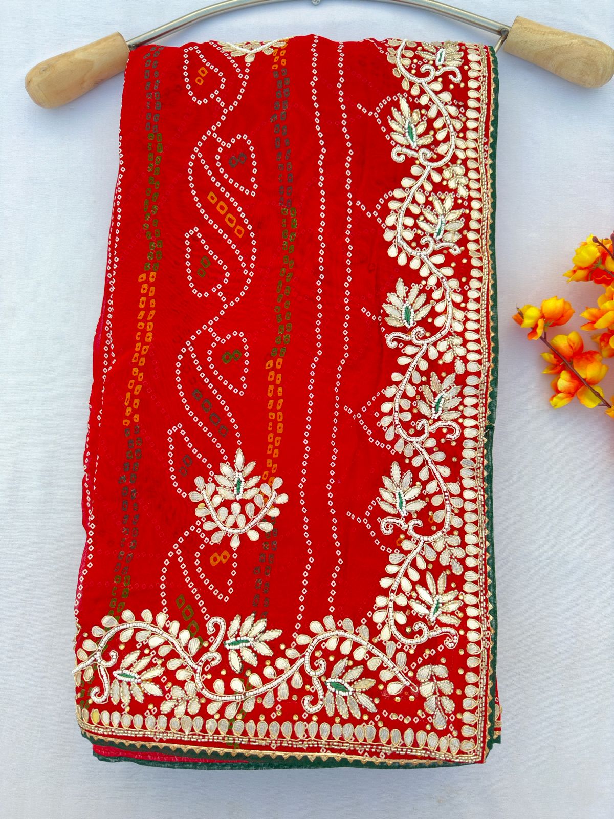 Heavy Red Georgette Barik Rai Bandhej Hand Work Saree