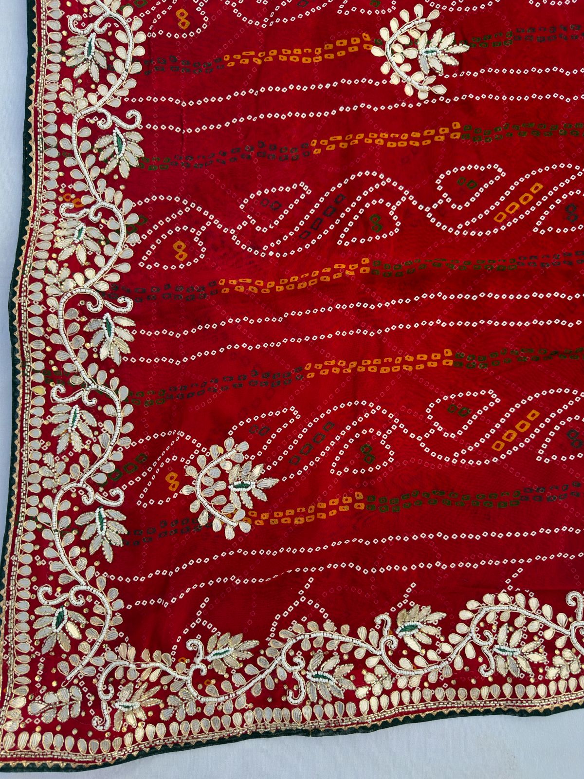 Heavy Red Georgette Barik Rai Bandhej Hand Work Saree