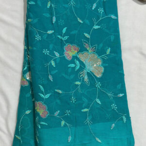 Fountain Light Teal Pure Chiffon Hand Jaal Embroidered Saree