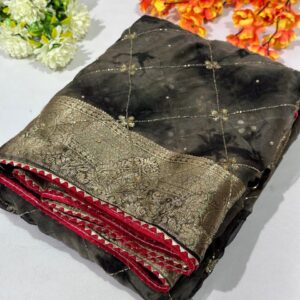 Grey Kurdana Hand Work Organza Saree