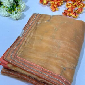 Orange Kurdana Hand Work Organza Saree