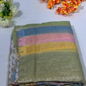 Vibrant Rainbow Cotton Saree with Scallop Border