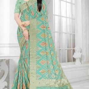 Fountain Teal Brasso Saree With Zari Work Banarasi Border